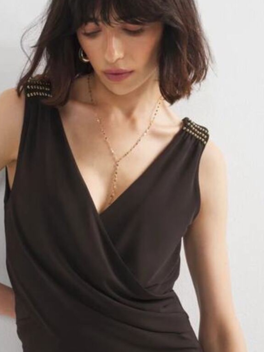 White House Black Market black Faux-Wrap Jumpsuit with Studded Shoulders